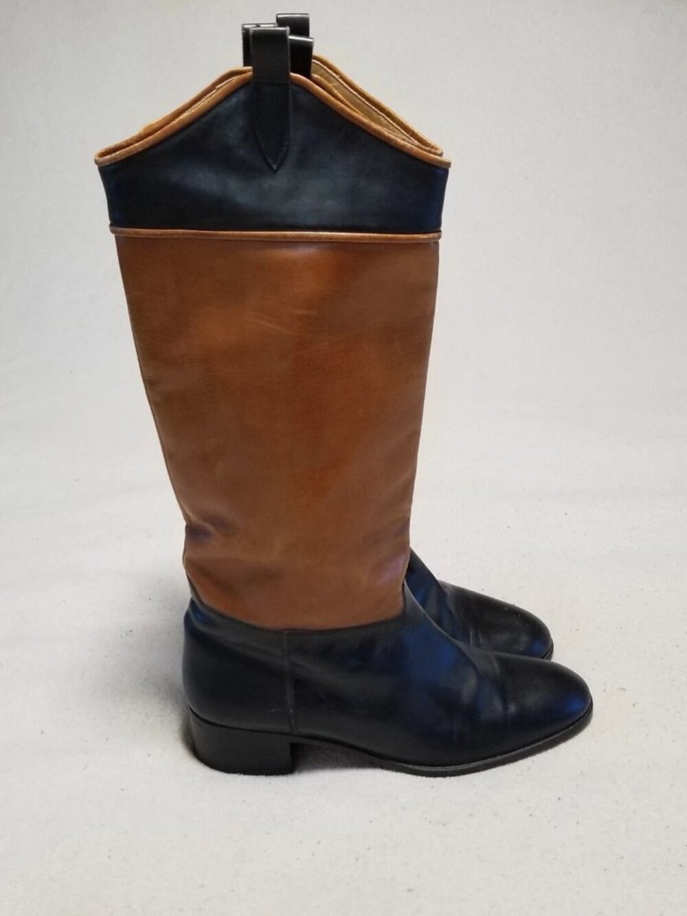 Italian Made Brass Boot Women Size 7.5 Two Tone Riding Boots Black Brown
